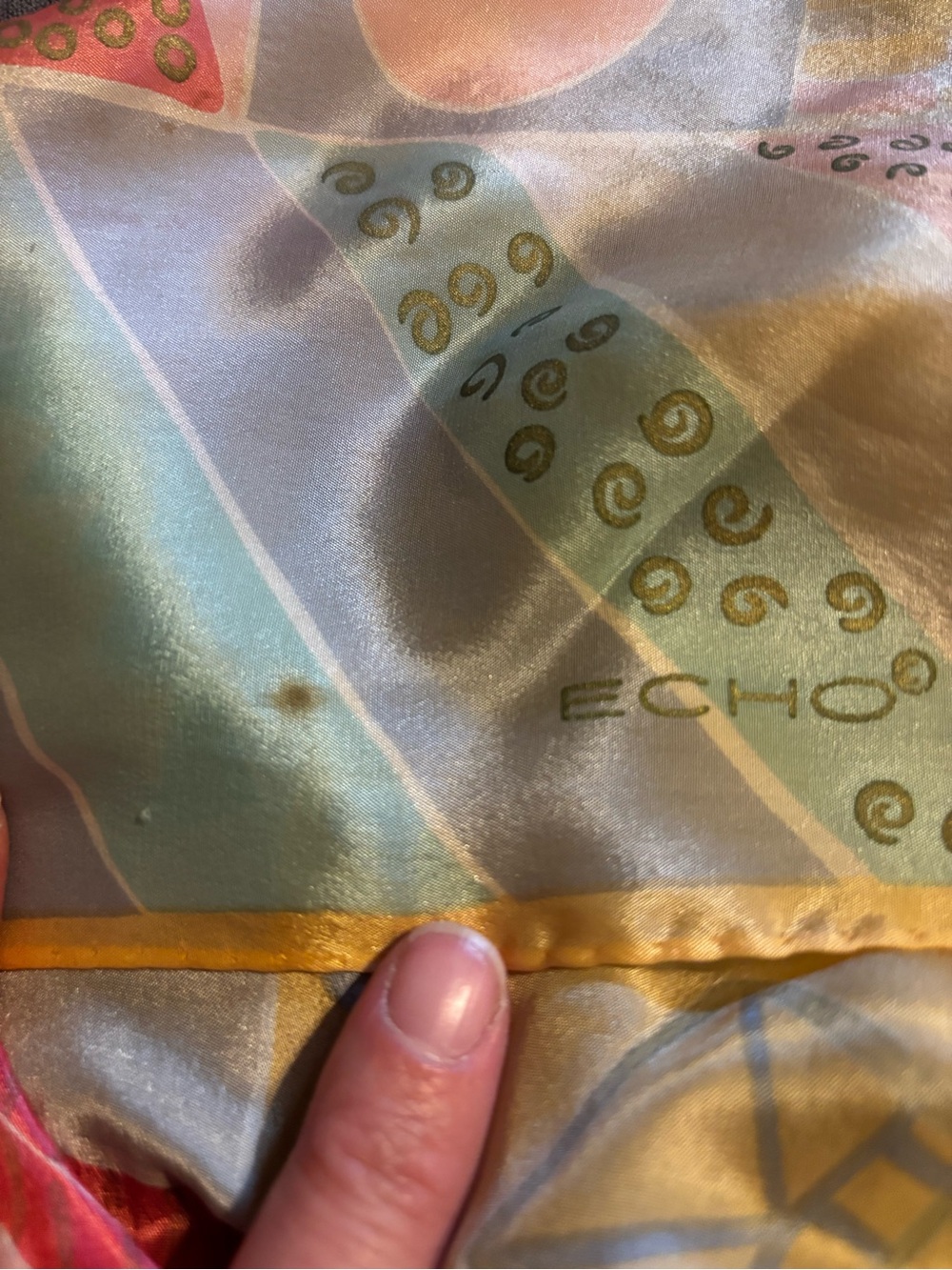 Echo Satin Scarf Vintage Geometric Abstract Print Gold Multicolor 32x31 AS IS - Picture 4 of 4